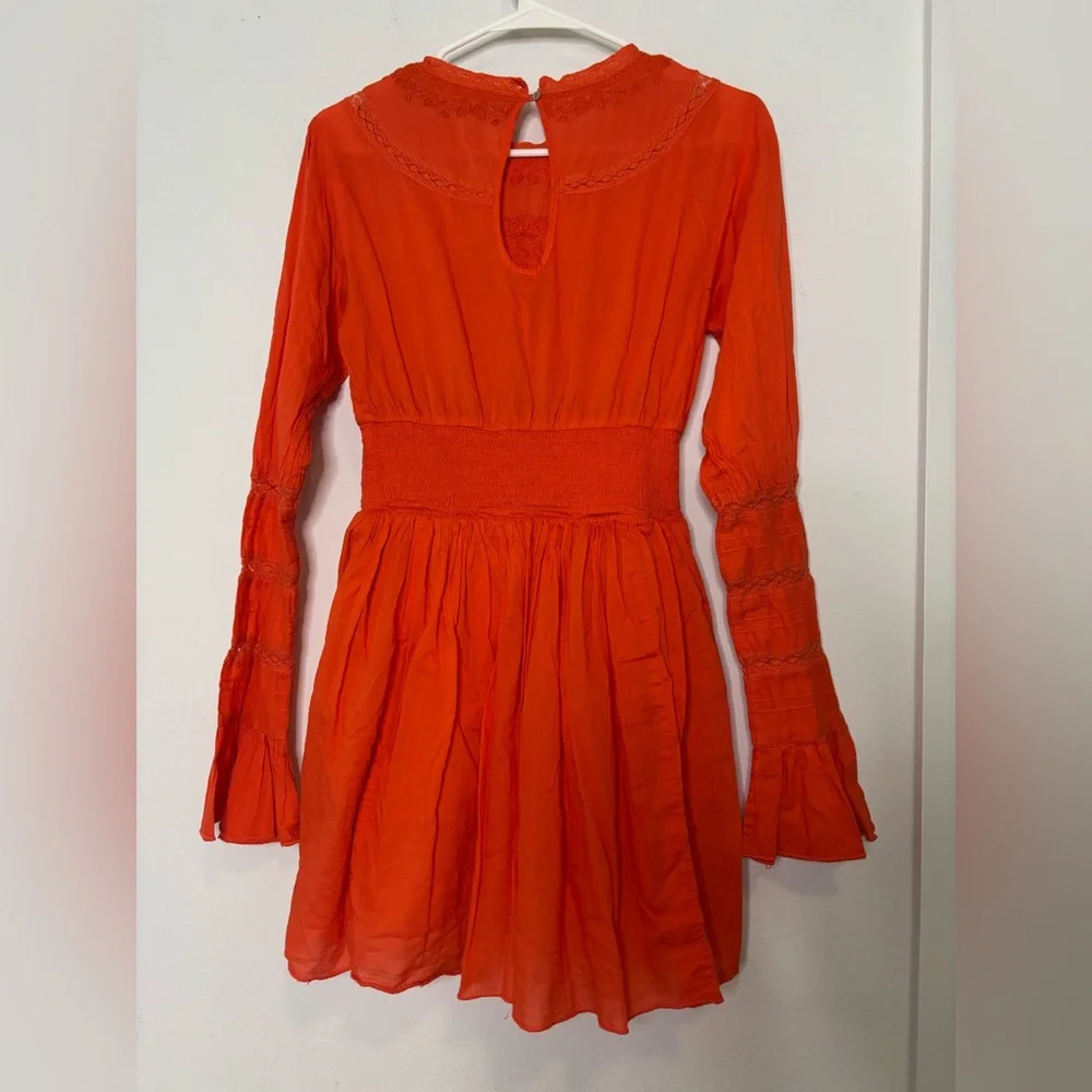 FREE PEOPLE BOHEMIAN CORAL RED EMBROIDERED MINI DRESS SZ 4